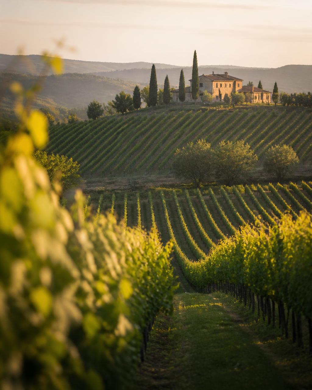 Wijngaard in Italië bij zonsondergang
